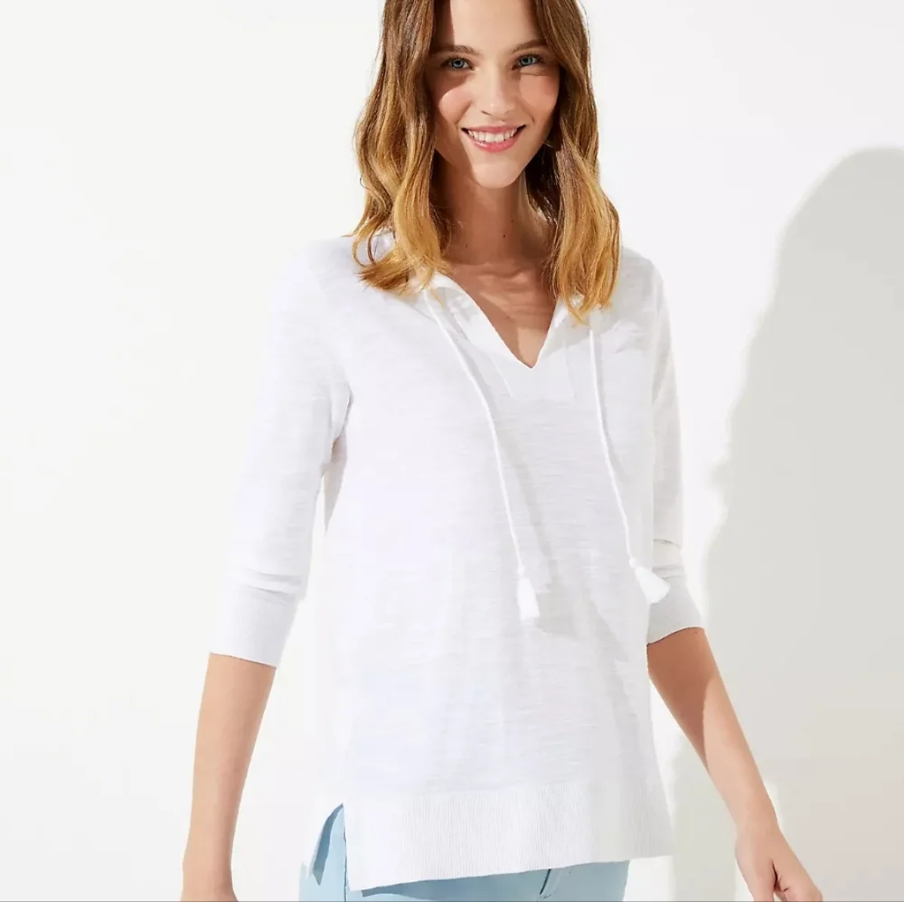 LOFT 100% cotton ivory white long sleeve drawstring lightweight sweater